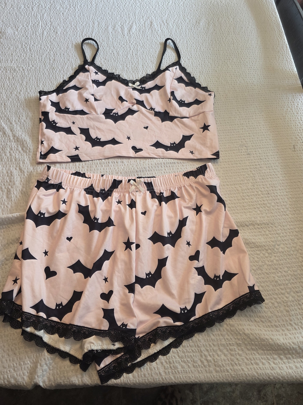 SHEIN Pink & Black Bat Print Lace-Trim Bralette and Shorts Set L